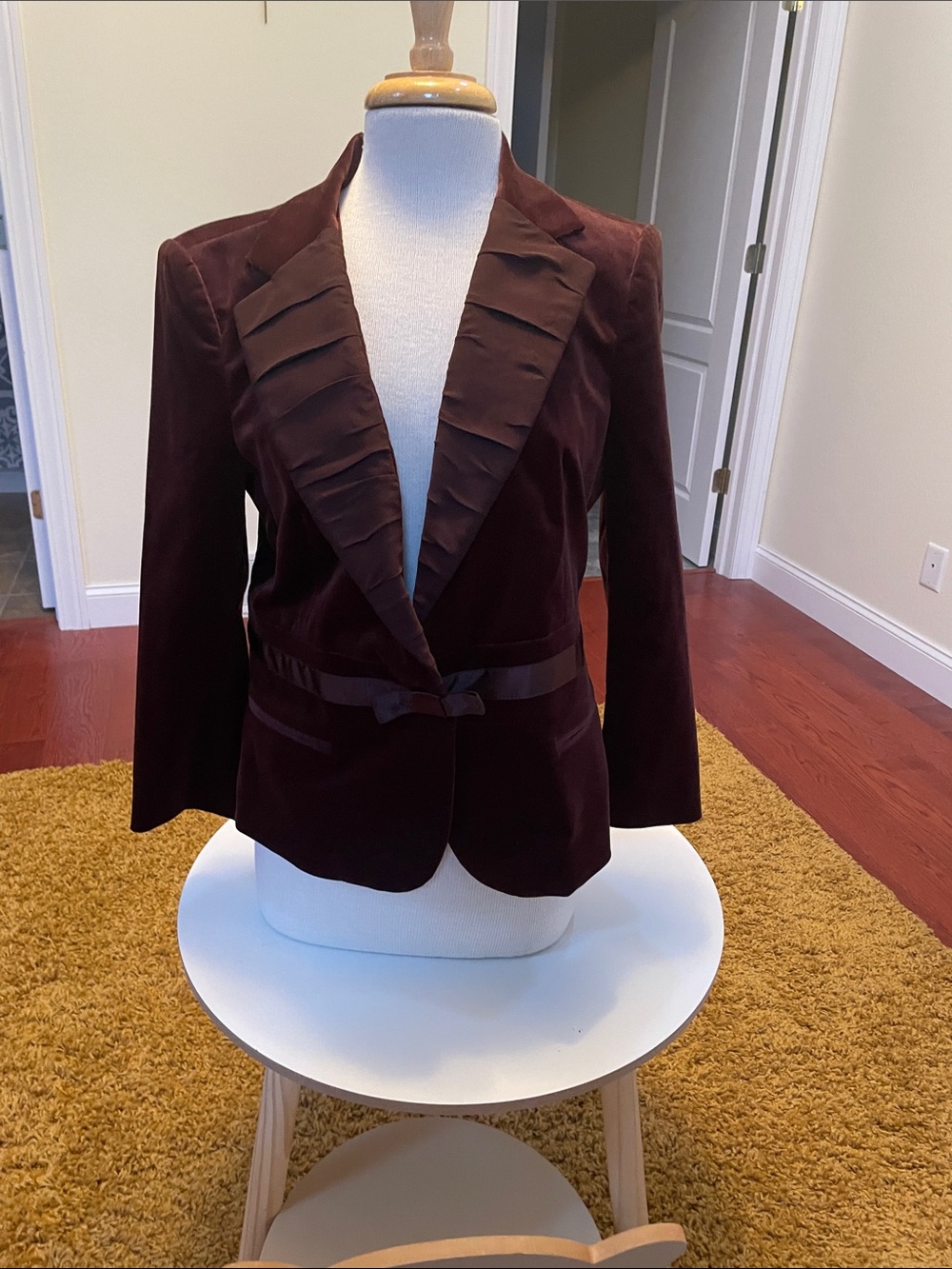 DKNY Burgundy Velvet Ruffle-Trim Blazer